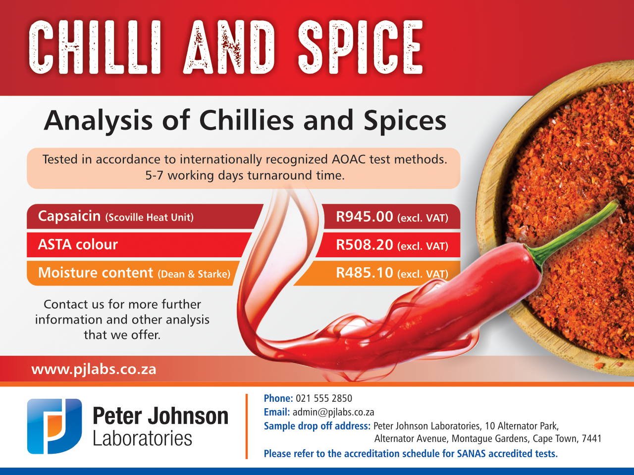 Chilli and spice analysis at an ISO/IEC 17025 SANAS accredited laboratory – testing for food safety, authenticity, and quality assurance.
