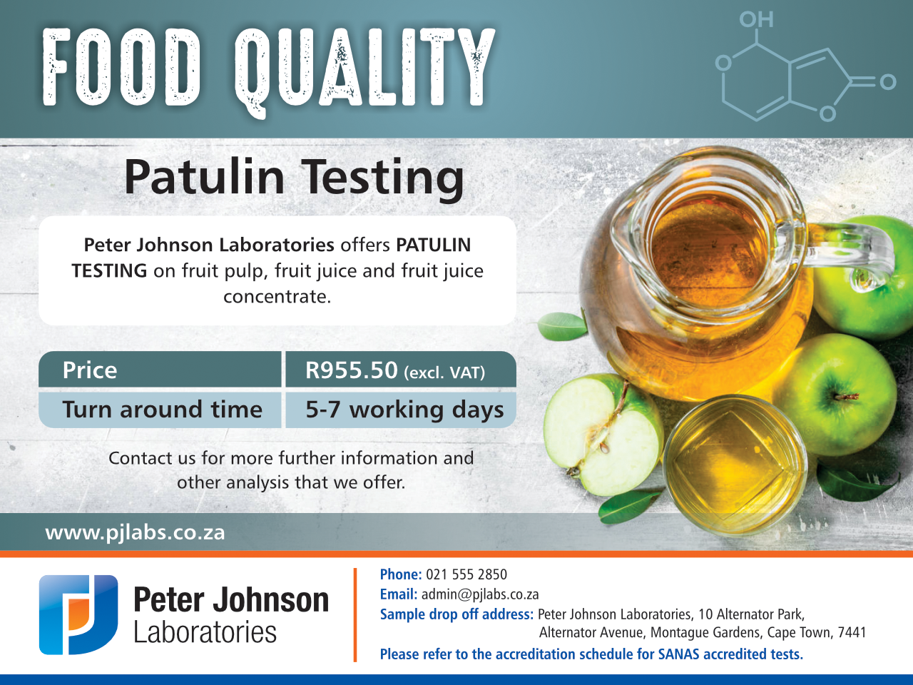 Patulin testing for food quality and safety – analysis of fruit pulp, fruit juice, and fruit juice concentrate at a SANAS accredited laboratory.