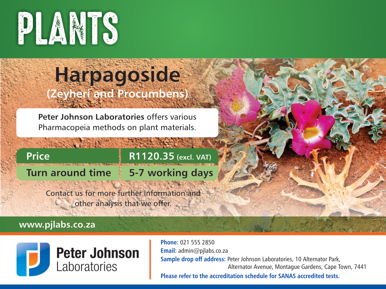 Plant testing using pharmacopeia methods on plant materials, including Harpaoside analysis (Zeyheri and Procumbens) with a 5-7 working day turnaround at a SANAS accredited laboratory.