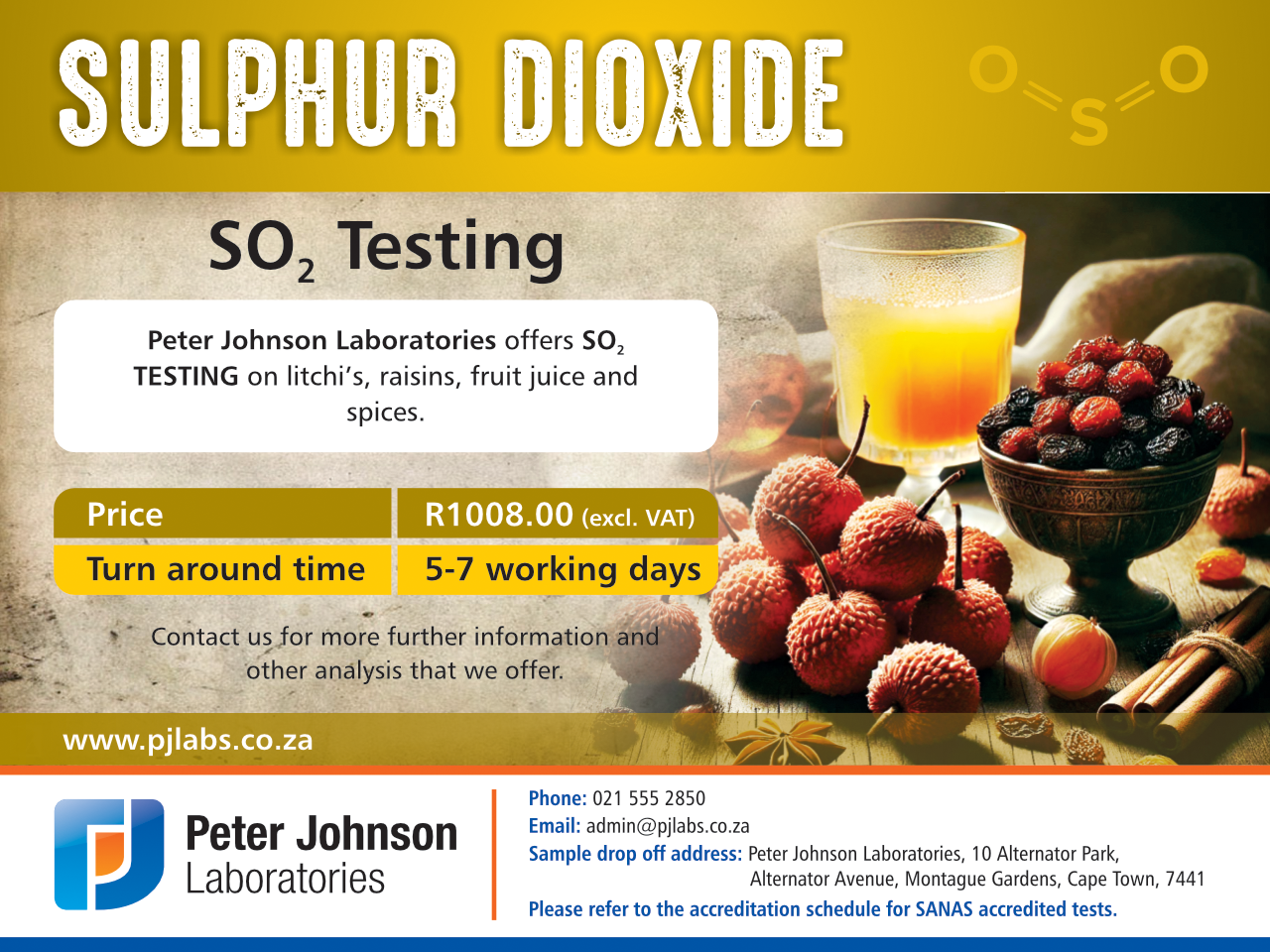 Sulphur Dioxide (SO₂) testing for litchis, raisins, fruit juice, and spices at a SANAS accredited laboratory – ensuring food safety and compliance.