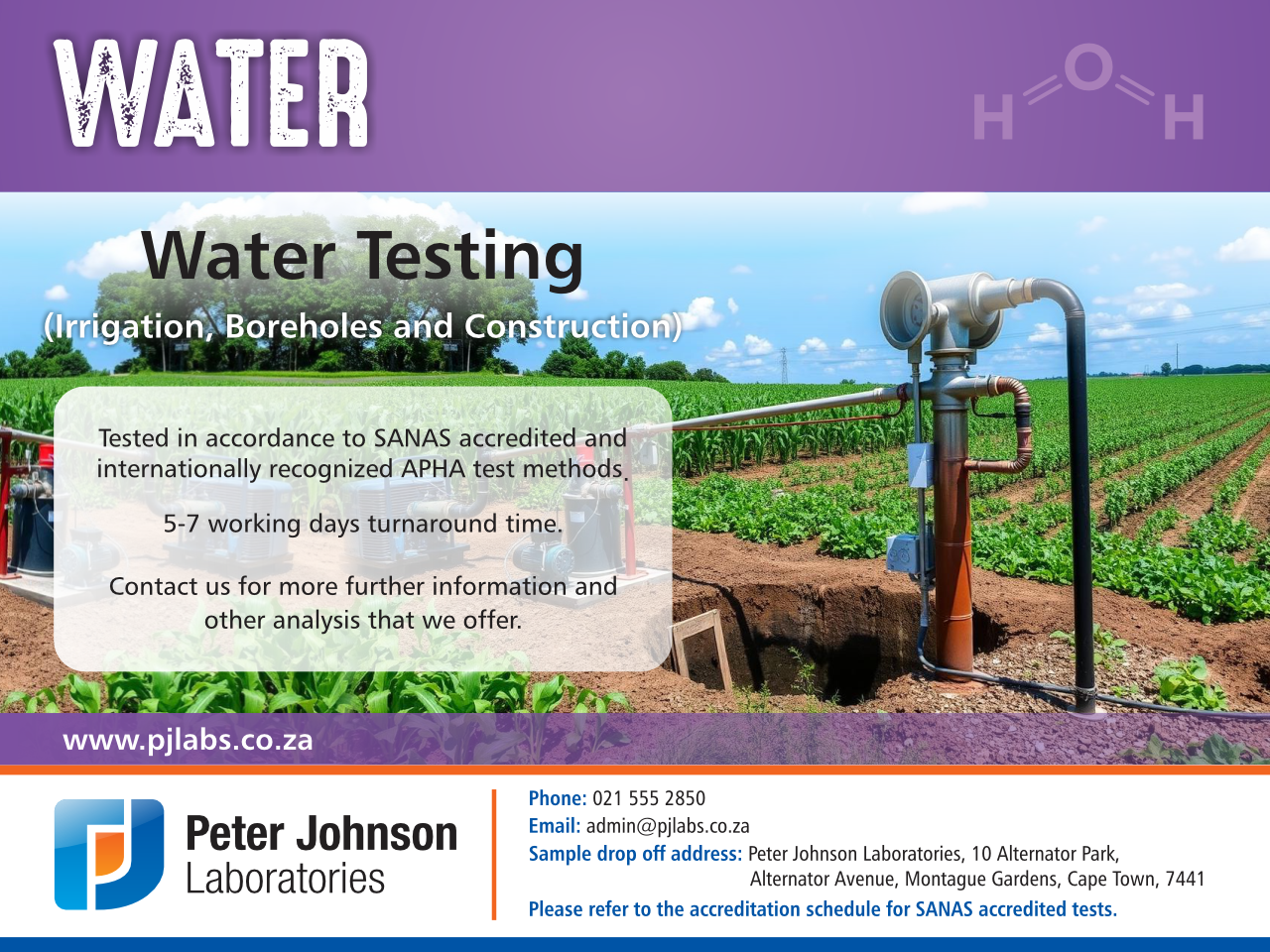 Water testing for irrigation, boreholes, and construction using SANAS accredited APH methods at a certified laboratory.